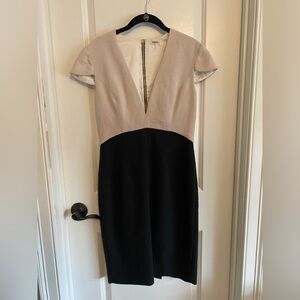 L'AGENCE Black and Cream Cap Sleeve Deep V Neck Dress